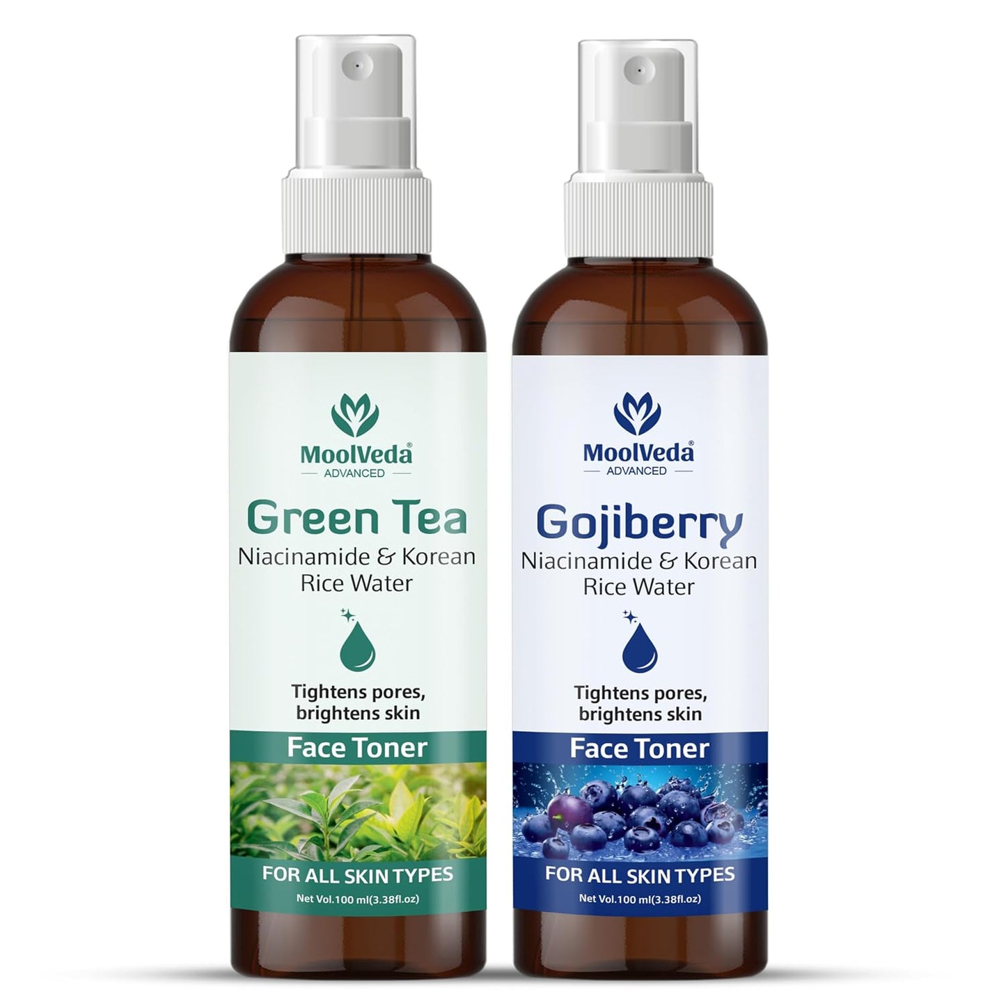Moolveda, Gojiberry, Green Tea Pack Of 2 Face Toner Combo – Hydrating & Brightening Facial Toner for Pore Tightening, Oil Control & Even Skin Tone – Alcohol-Free – Each of 100ml