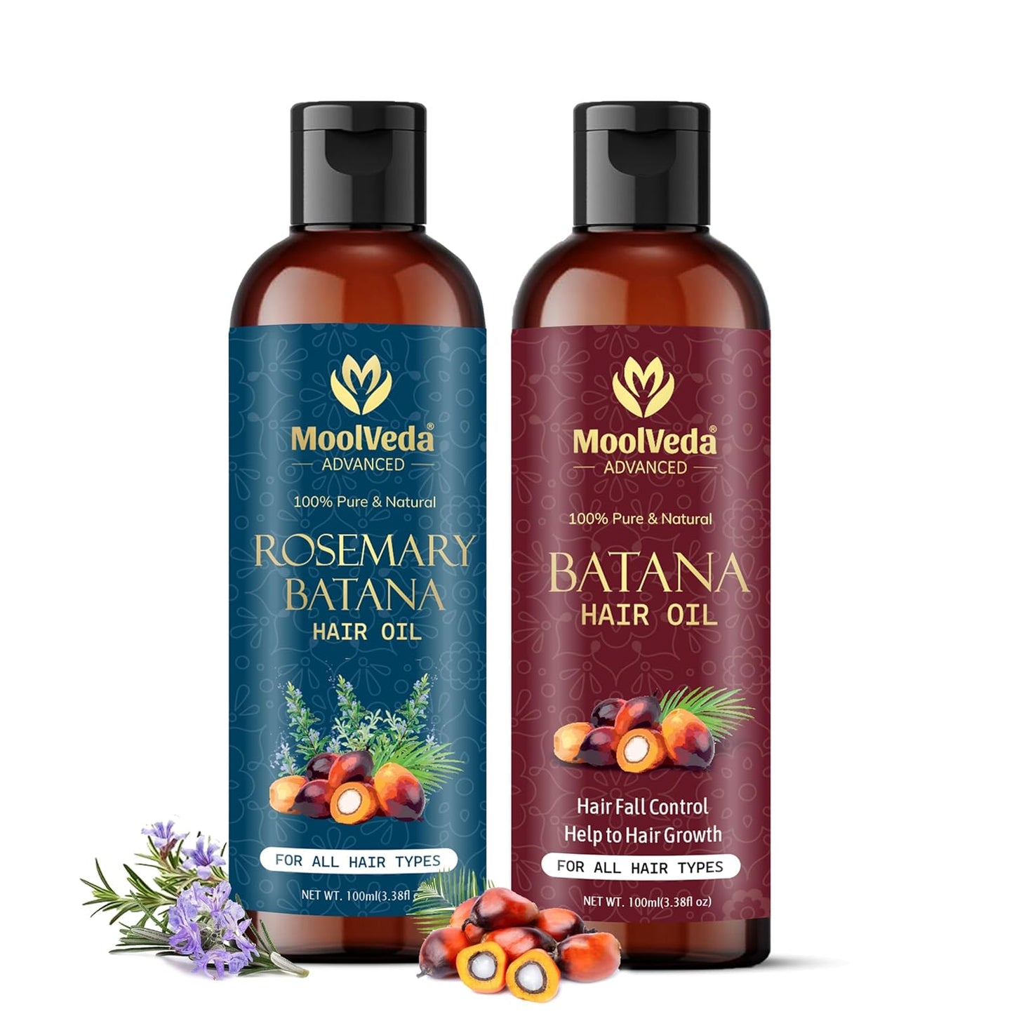 Moolveda Pure & Natural Batana & Rosemary Batana Hair Oil Combo, Each 100ml