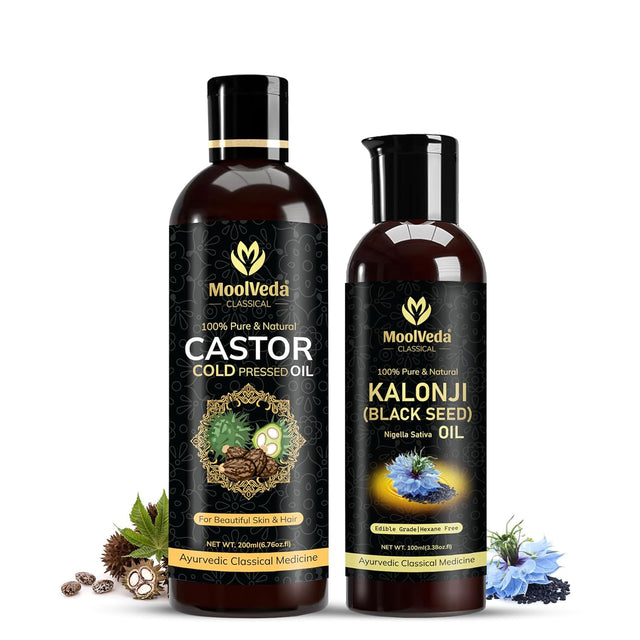 Moolveda 100% Pure & Natural Castor Oil (200ml) & Kalonji (Black Seed) Oil (100ml) for Hair growth Special Combo Oil