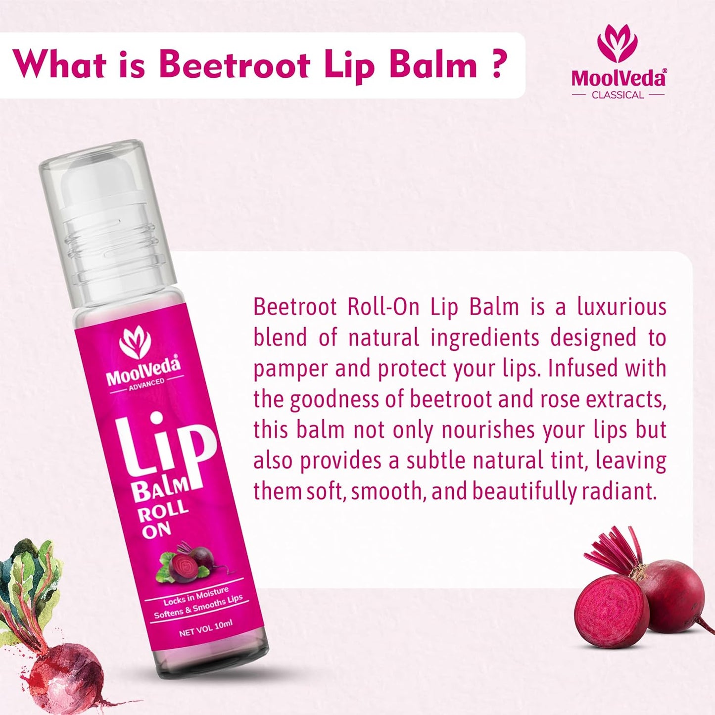 Moolveda Lip Balm Roll on with beetroot rose & 100% edible ingredients & no chemicals, Pack of 2, 10ml