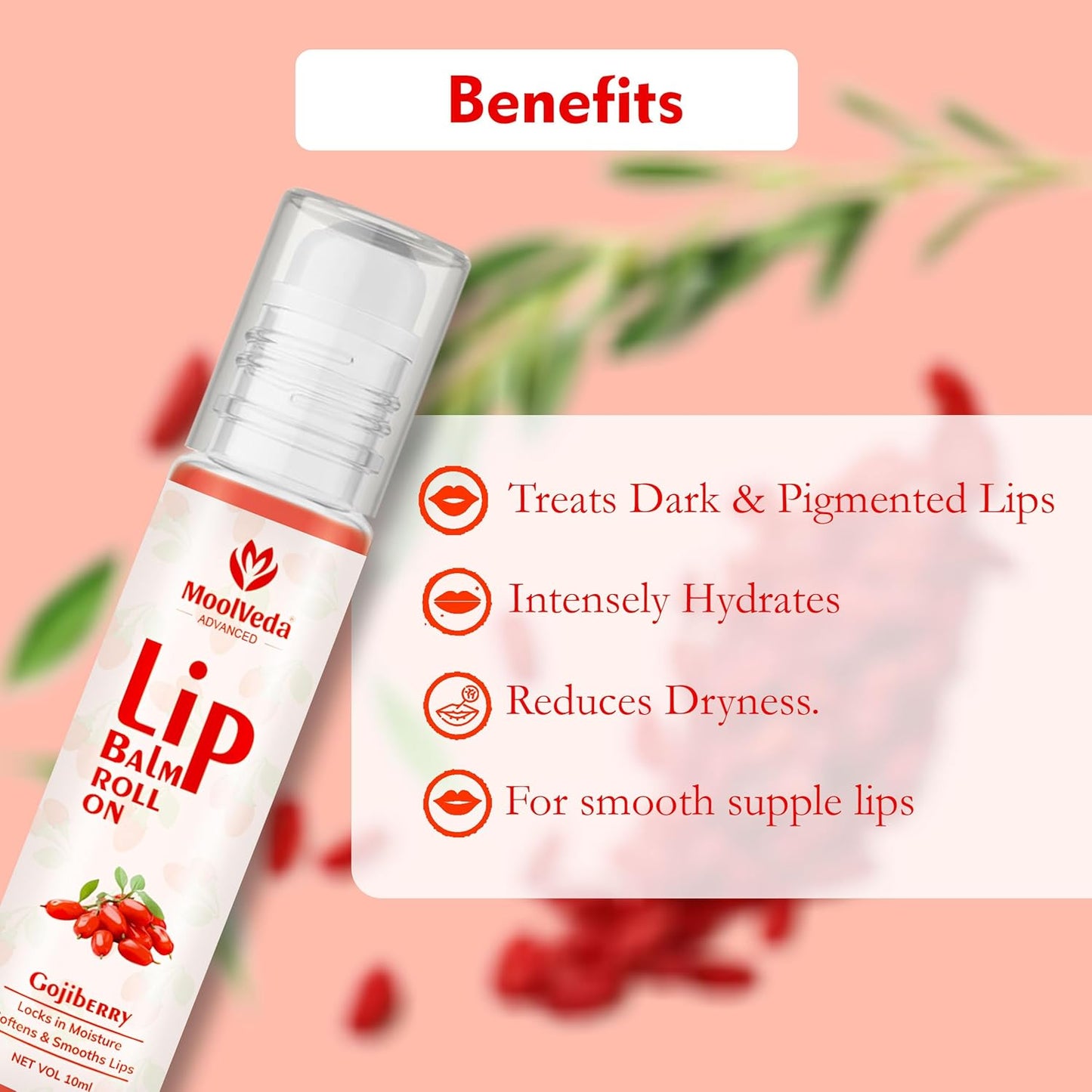 Moolveda Lip Balm Roll on with Gojiberry & 100% edible ingredients & no chemicals, 10ml