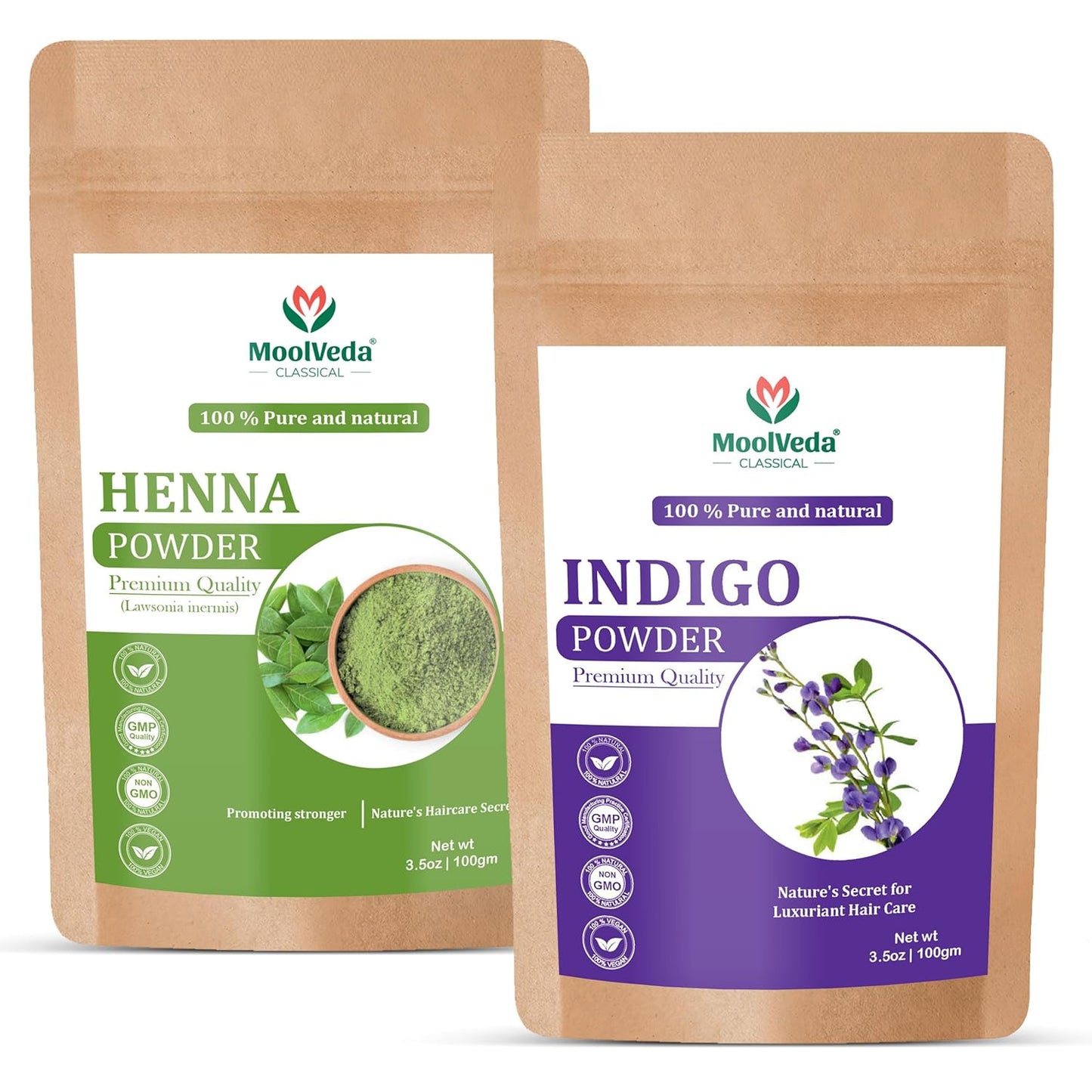Moolveda 100% Pure and Natural Indigo Powder and Herbal Henna Powder Combo (100gm Each) for Hair Colour