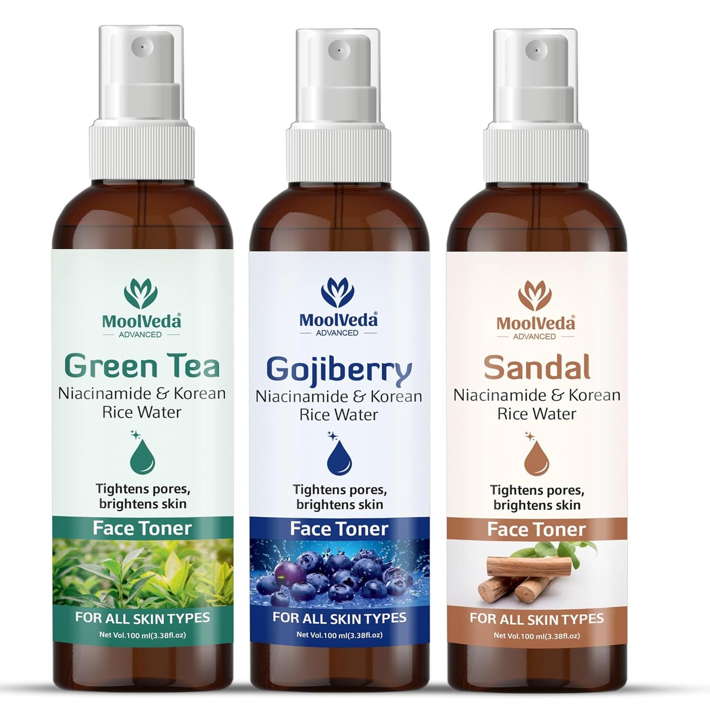 Moolveda Sandal, Green Tea, Gojiberry Pack Of 3 Face Toner Combo – Hydrating & Brightening Facial Toner for Pore Tightening, Oil Control & Even Skin Tone – Alcohol-Free – Each of 100ml