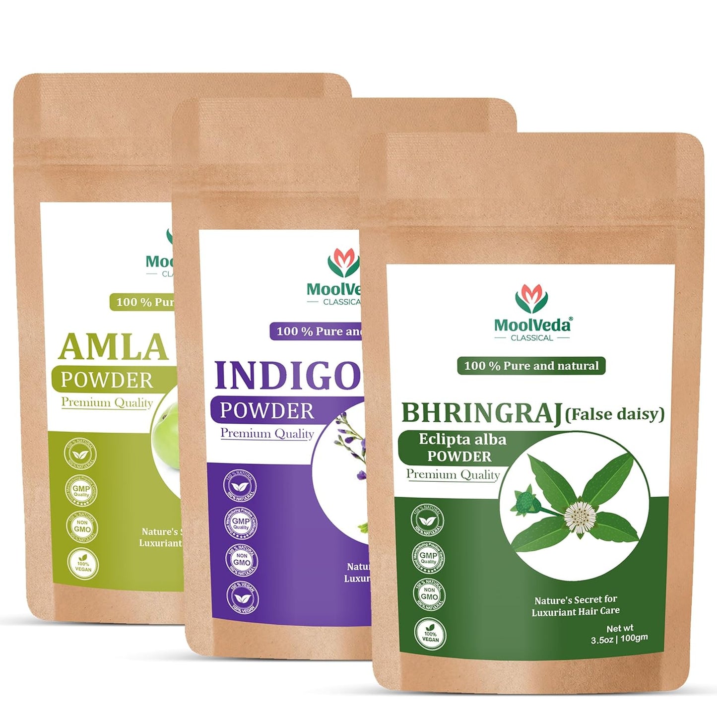 Moolveda Amla, Bhringraj & Indigo Powder Combo | Pure & Natural Hair Care Powder | Hair Pack for Silky & Shiny Hair | 100 g Each