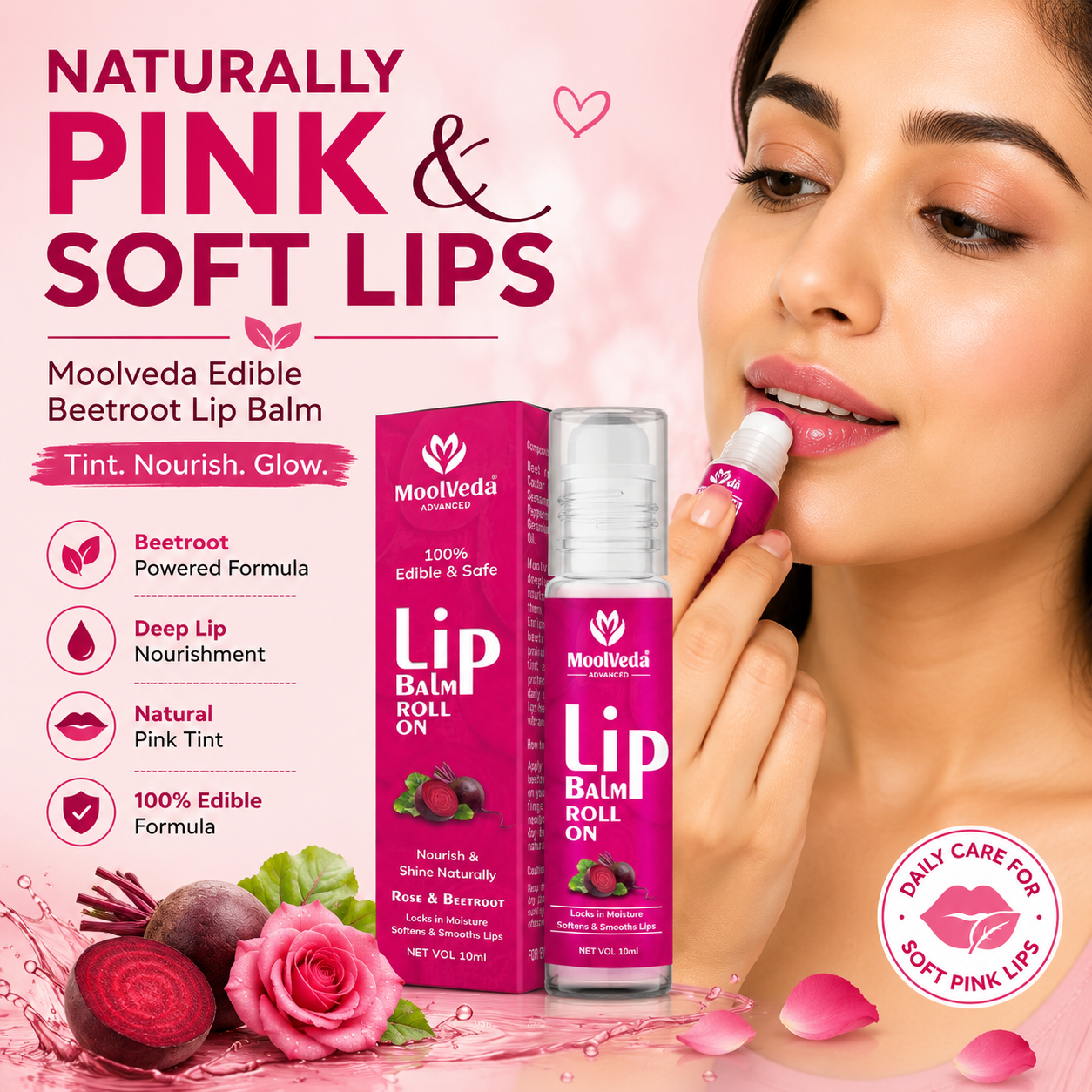 Moolveda 100% Edible beetroot & Rose Lip Balm Roll on - 10ml