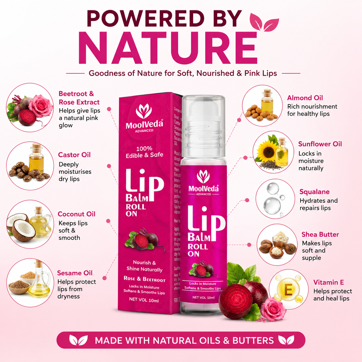 Moolveda 100% Edible beetroot & Rose Lip Balm Roll on - 10ml