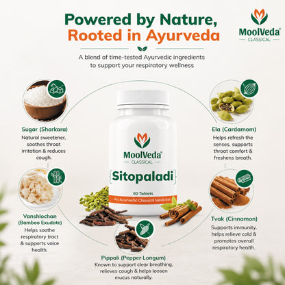 Moolveda Sitopaladi Tablet – 60 Tablets | Ayurvedic Formula for Cough, Cold & Immunity | Herbal Respiratory Support