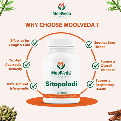 Moolveda Sitopaladi Tablet – 60 Tablets | Ayurvedic Formula for Cough, Cold & Immunity | Herbal Respiratory Support