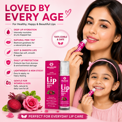 Moolveda 100% Edible beetroot & Rose Lip Balm Roll on - 10ml