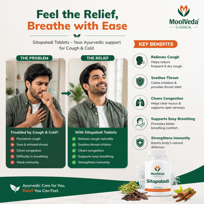 Moolveda Sitopaladi Tablet – 60 Tablets | Ayurvedic Formula for Cough, Cold & Immunity | Herbal Respiratory Support