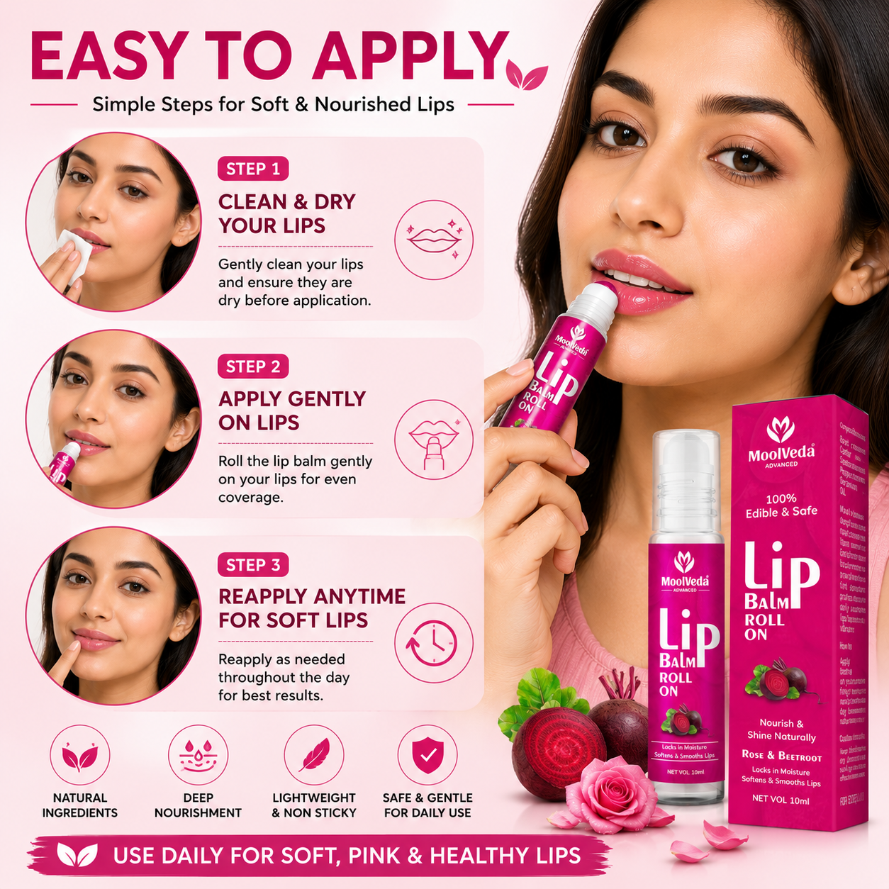 Moolveda 100% Edible beetroot & Rose Lip Balm Roll on - 10ml