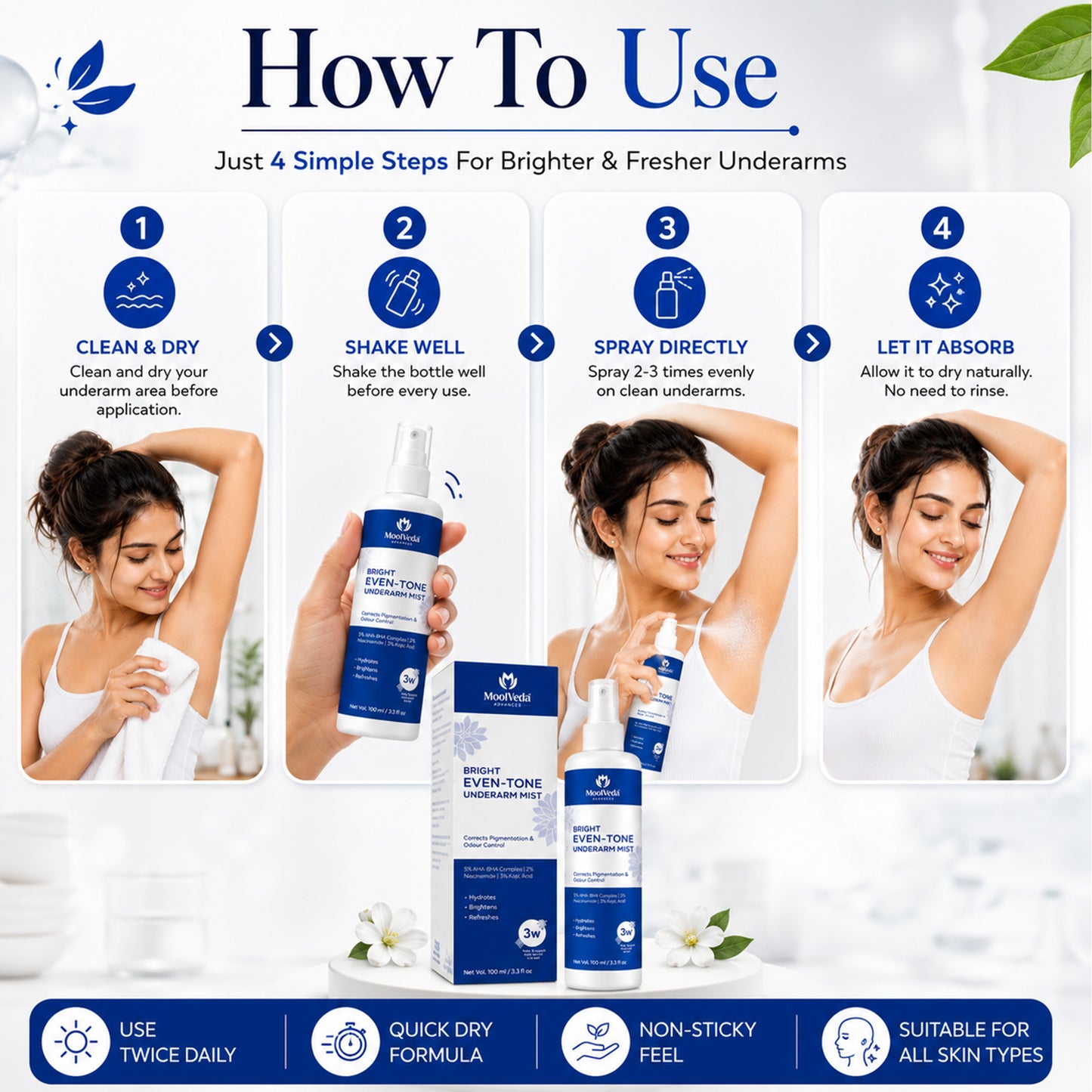 Moolveda Underarm Mist Spray for Women & Men | Removes Body Odor, Lightens Dark Underarms | Natural Ayurvedic Deodorant | Long Lasting Freshness | 100ml