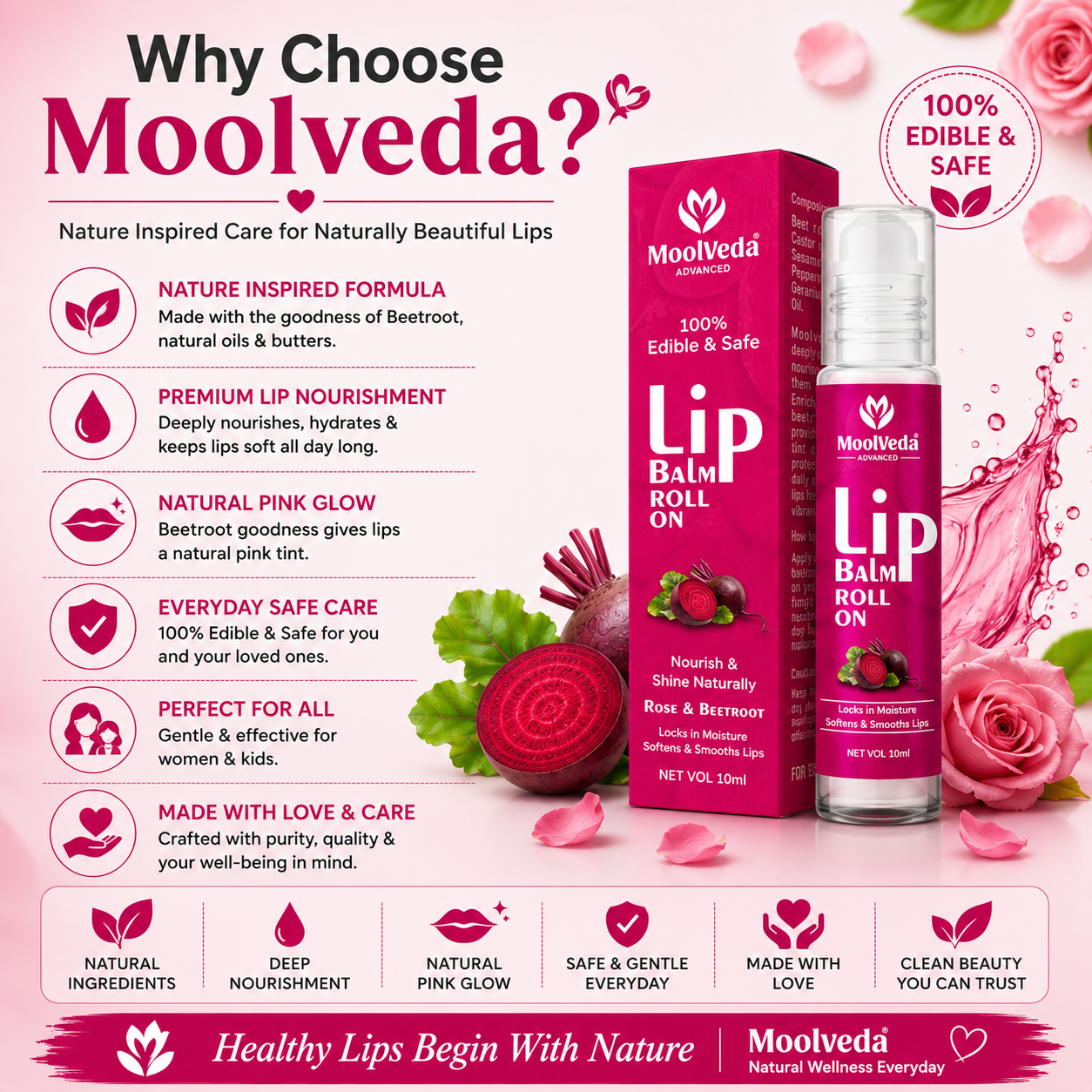Moolveda 100% Edible beetroot & Rose Lip Balm Roll on - 10ml
