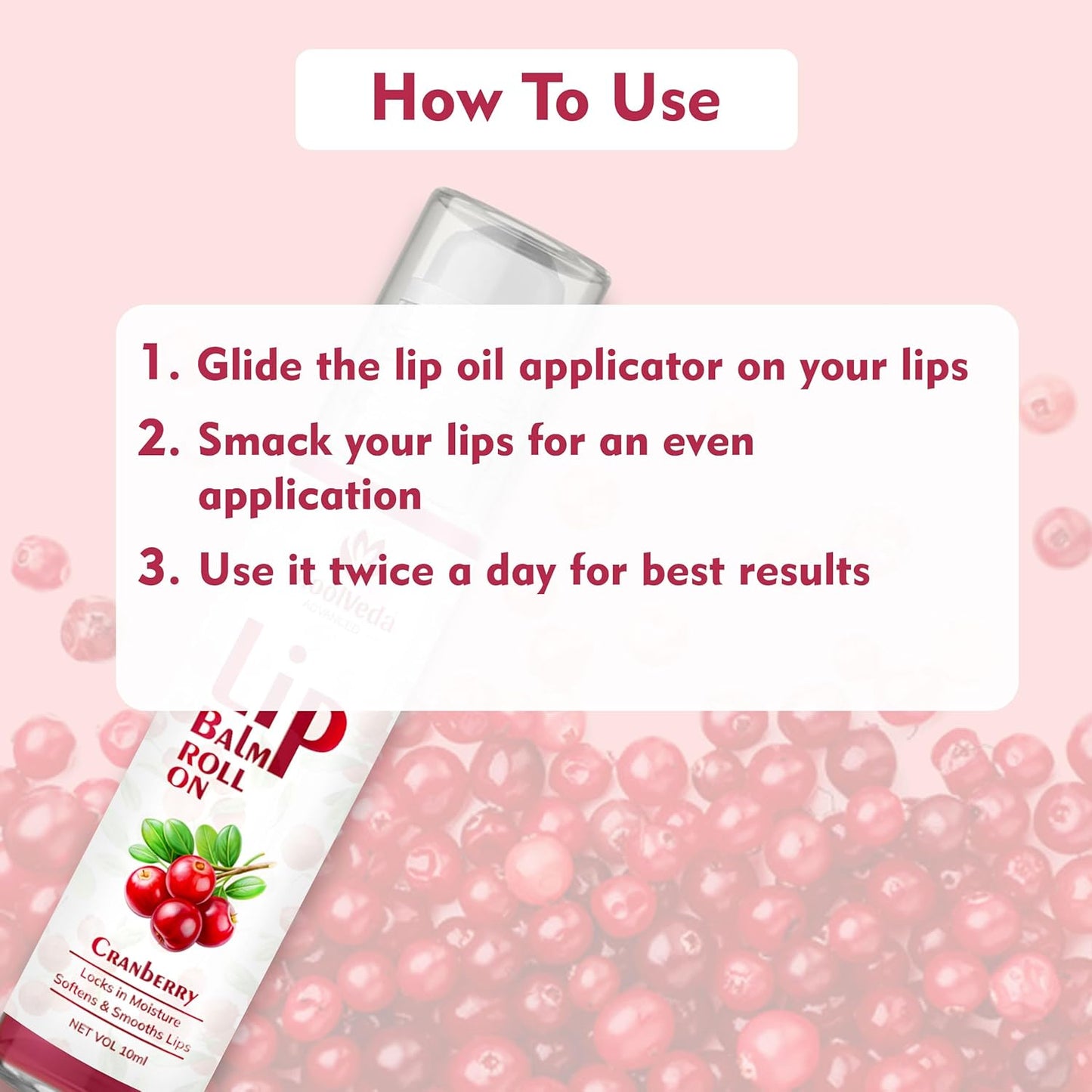 Moolveda Lip Balm Roll on with Cranberry & 100% edible ingredients & no chemicals, 10ml