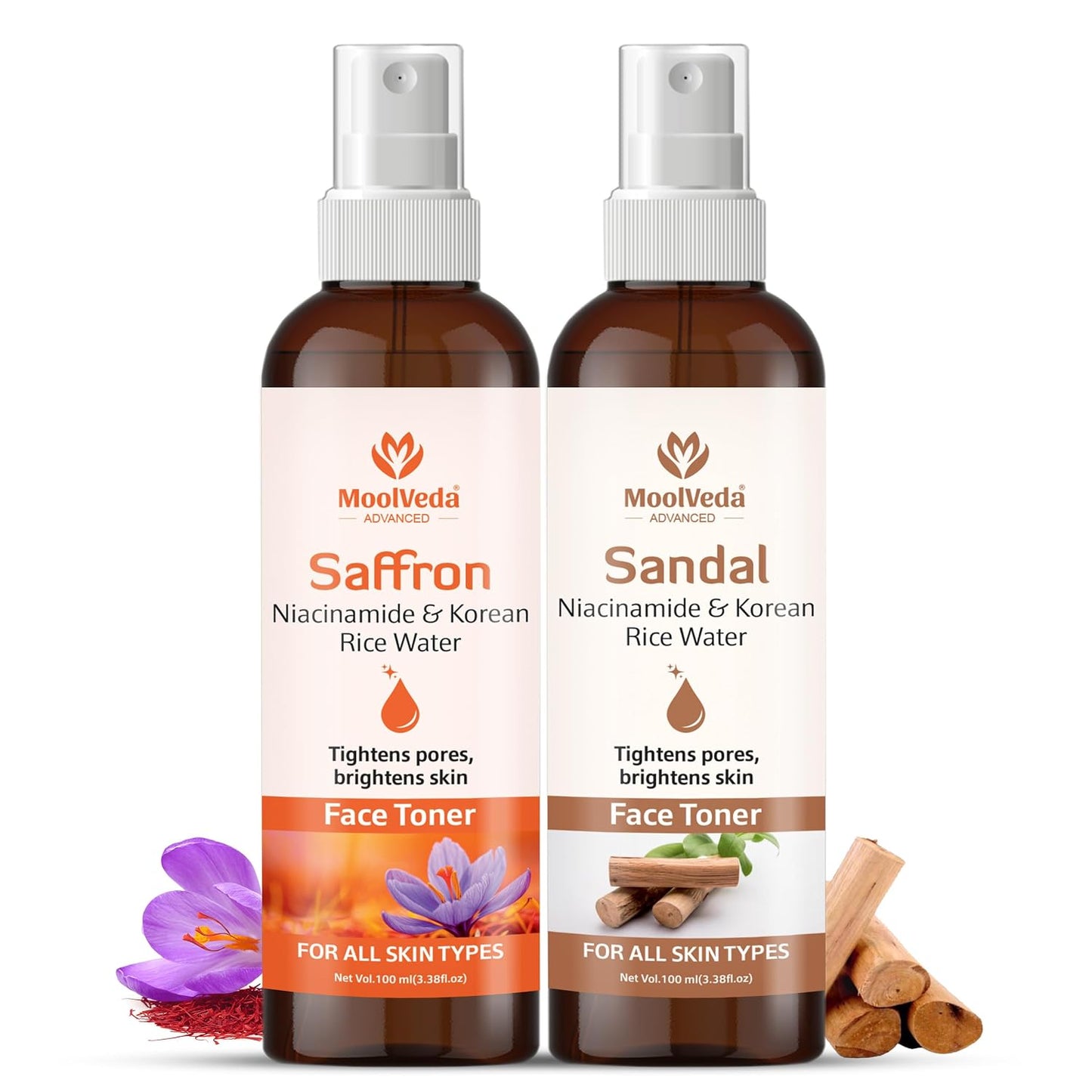 Moolveda Sandal, Saffron Pack Of 2 Face Toner Combo – Hydrating & Brightening Facial Toner for Pore Tightening, Oil Control & Even Skin Tone – Alcohol-Free – Each of 100ml