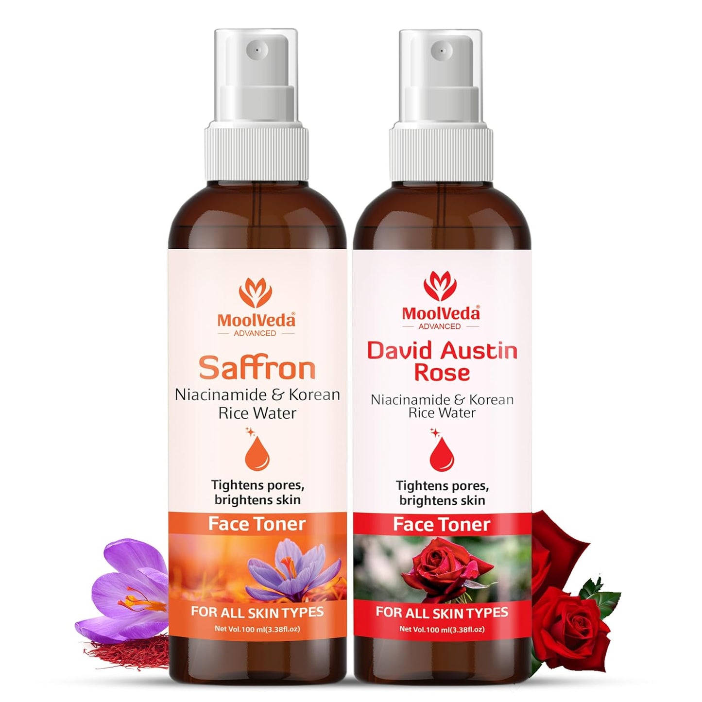 Moolveda Saffron, Devid Austin Rose Pack Of 2 Face Toner Combo – Hydrating & Brightening Facial Toner for Pore Tightening, Oil Control & Even Skin Tone – Alcohol-Free – Each of 100ml