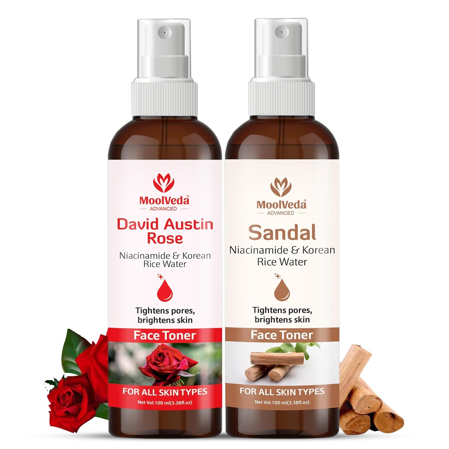 Moolveda Sandal, Devid Austin Rose Pack Of 2 Face Toner Combo – Hydrating & Brightening Facial Toner for Pore Tightening, Oil Control & Even Skin Tone – Alcohol-Free – Each of 100ml