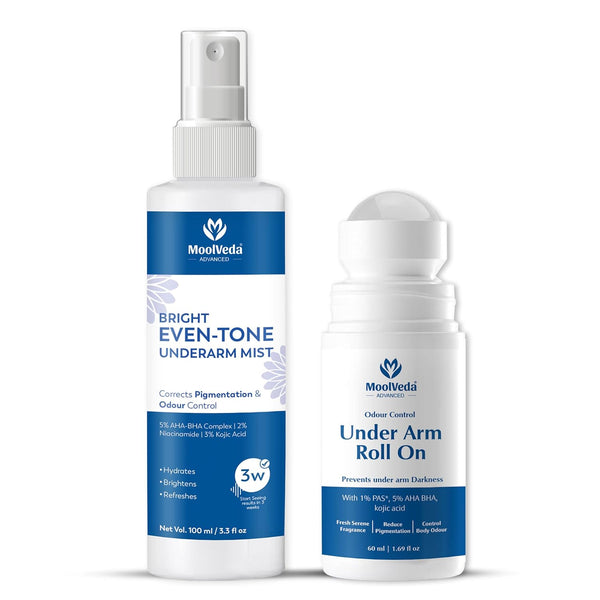 Moolveda Bright Underarm Care Combo | Even-Tone Mist 100ml + 5% AHA BHA Roll On 60ml | Pigmentation Removal & Odour Control | Men & Women
