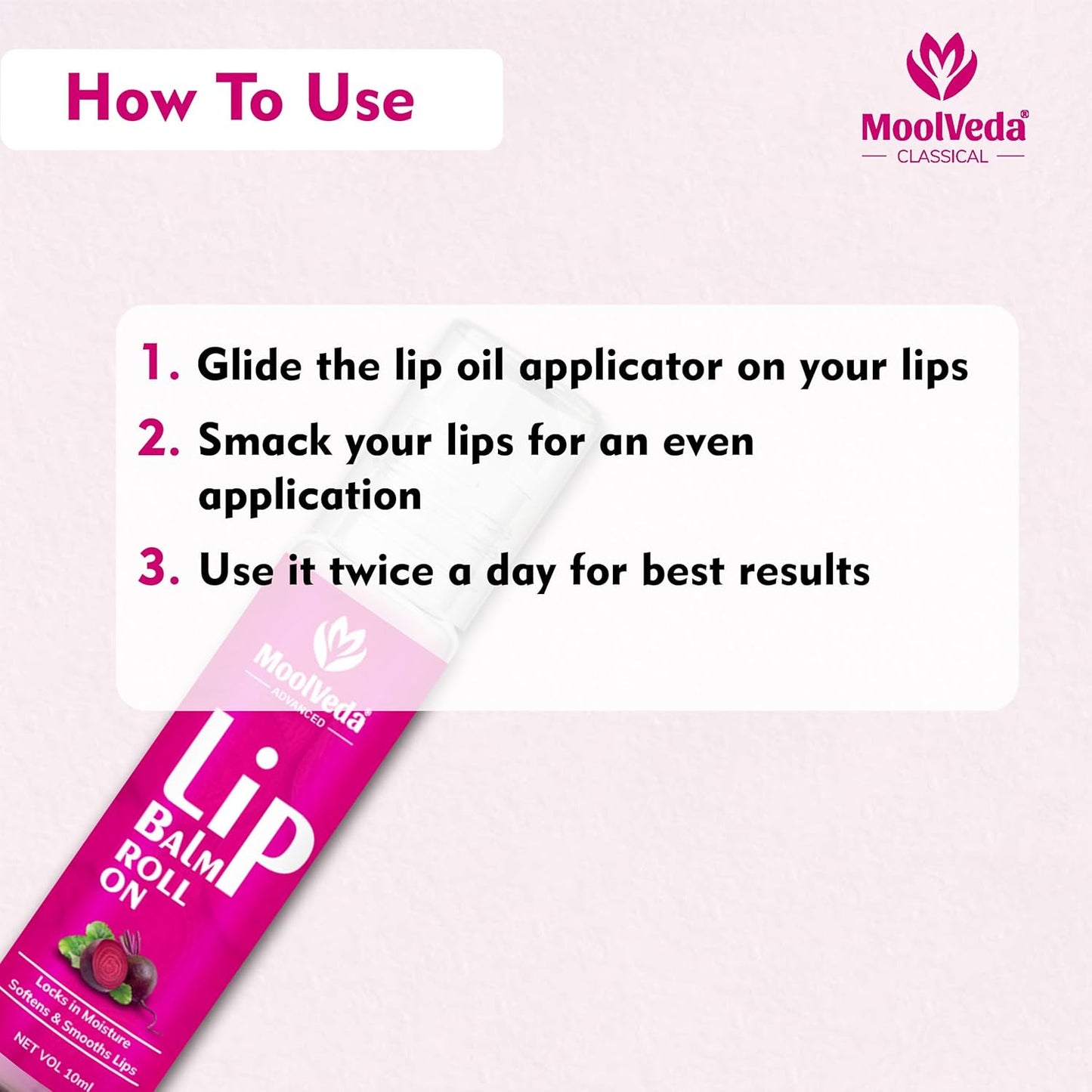 Moolveda Lip Balm Roll on with beetroot rose & 100% edible ingredients & no chemicals, Pack of 2, 10ml