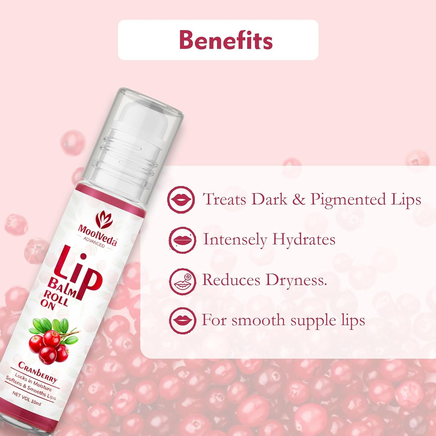 Moolveda Lip Balm Roll on with Cranberry & 100% edible ingredients & no chemicals, 10ml