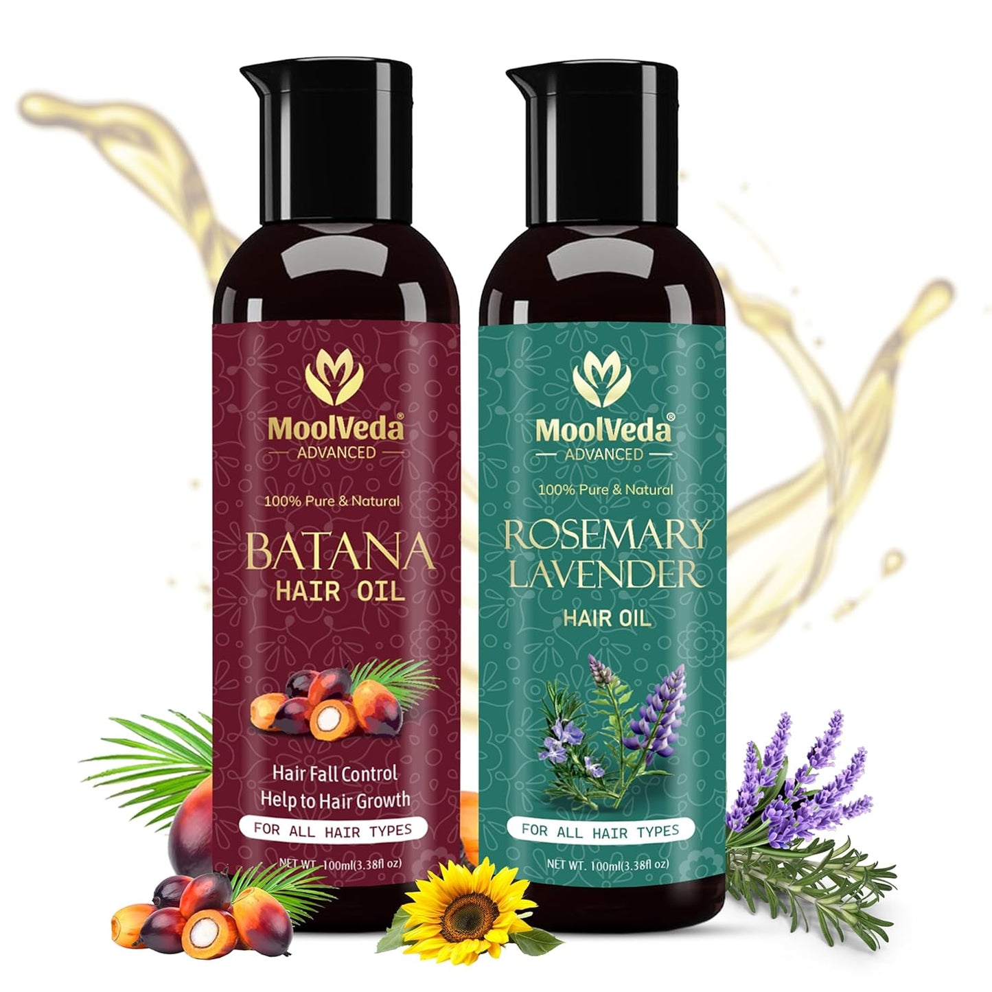 Moolveda Pure Rosemary Lavender & Batana Oil Special Combo for Hair Growth By Dr Sebi Sourced From Honduras | Promotes Thicker, Shiny, Stronger & Healthy Hair | Hair Fall Control (Each 100 ml)