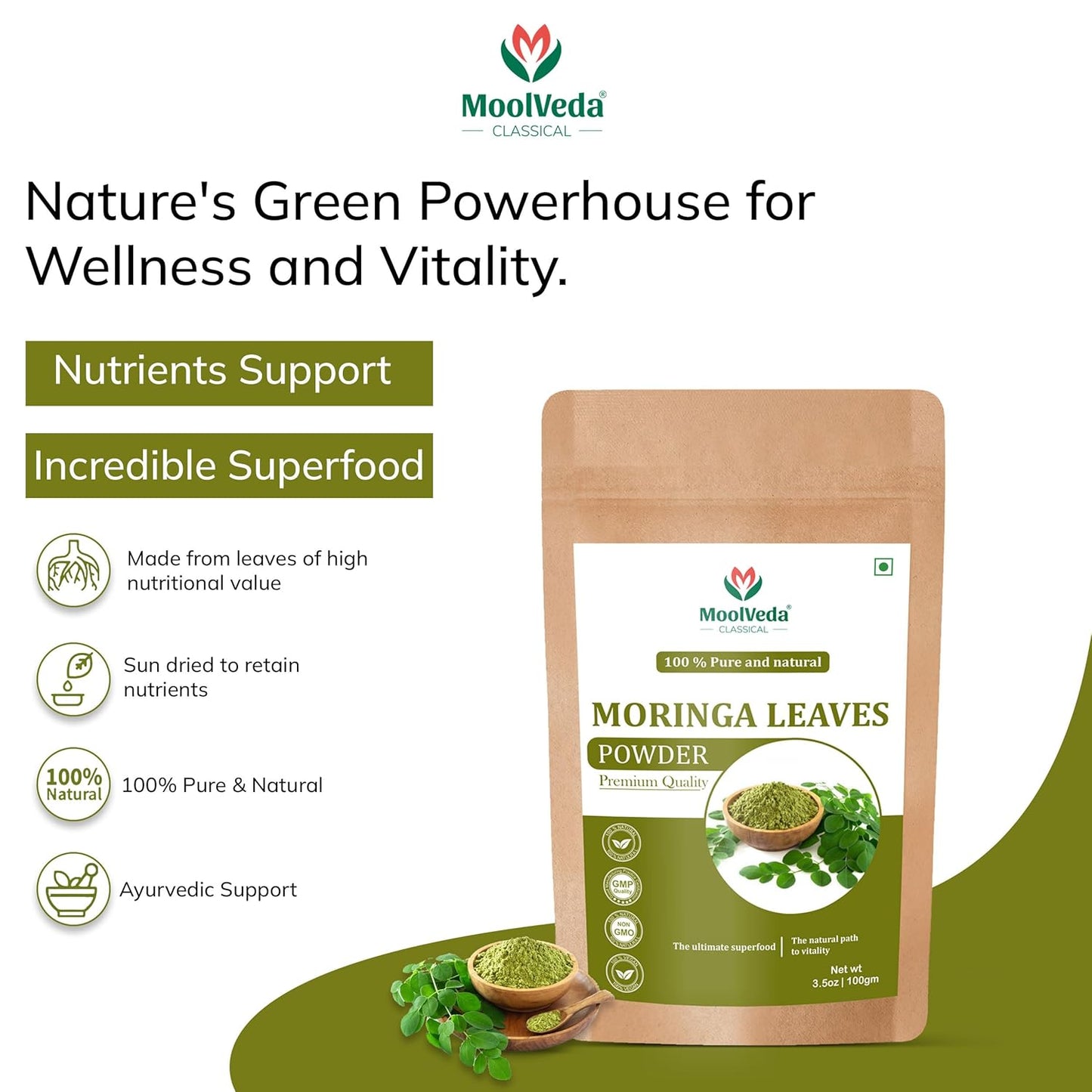 Moolveda Pure Moringa(Moringa oleifera) Leaves Powder, 100gm