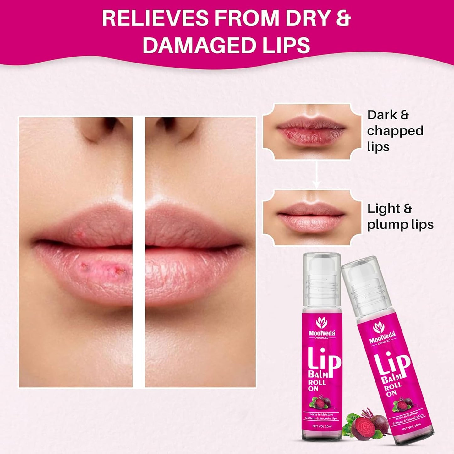Moolveda Lip Balm Roll on with beetroot rose & 100% edible ingredients & no chemicals, Pack of 2, 10ml