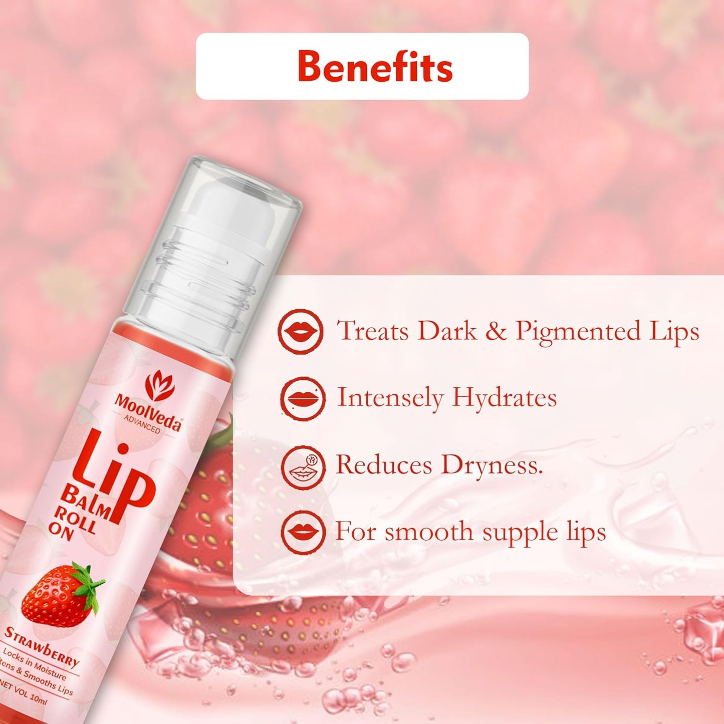 Moolveda 100% edible Strawberry Lip Balm Roll on - 10ml (Pack of 2)