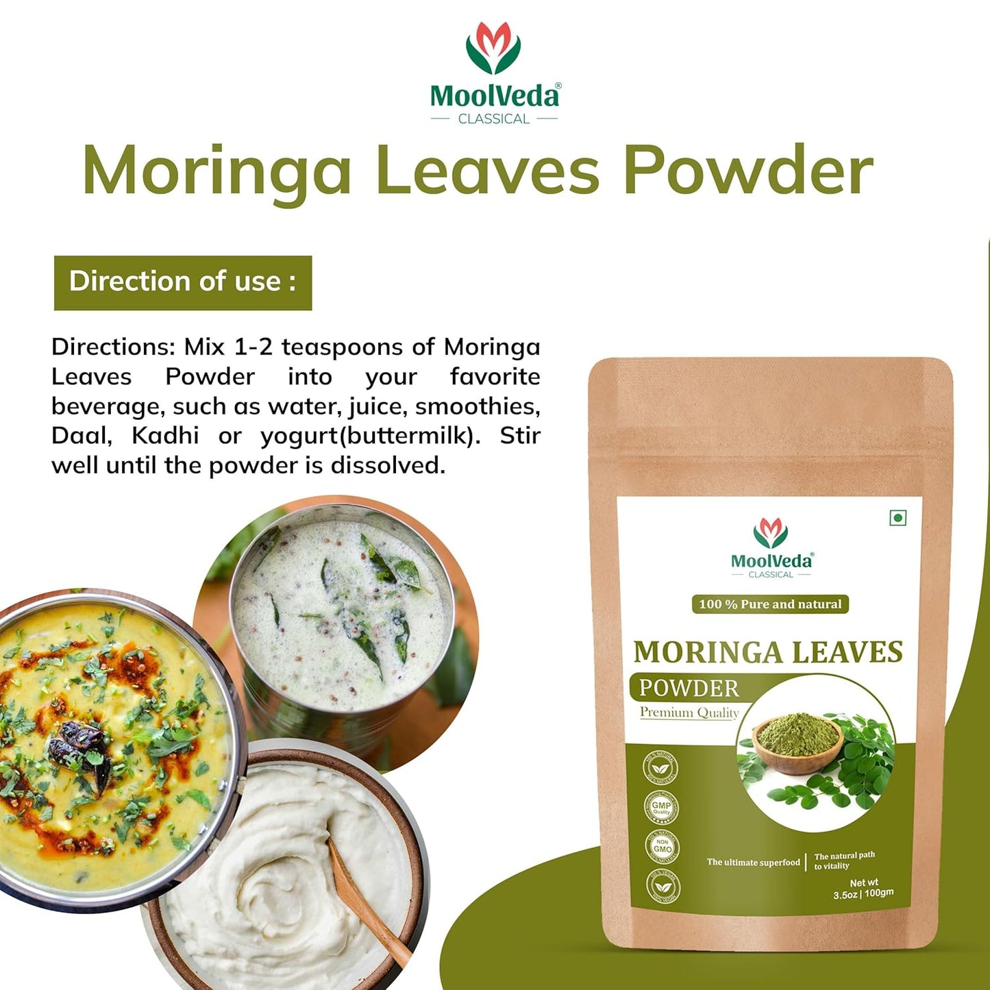 Moolveda Pure Moringa(Moringa oleifera) Leaves Powder, 100gm