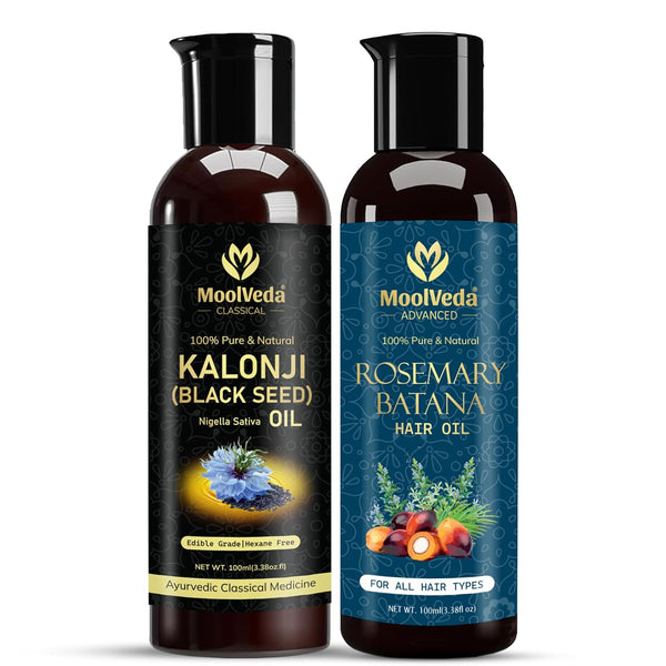 Moolveda Pure & Natural Rosemary Batana Oil & Black Seed (Kalonji) Oil Combo for Hair Growth | 100 ml Each