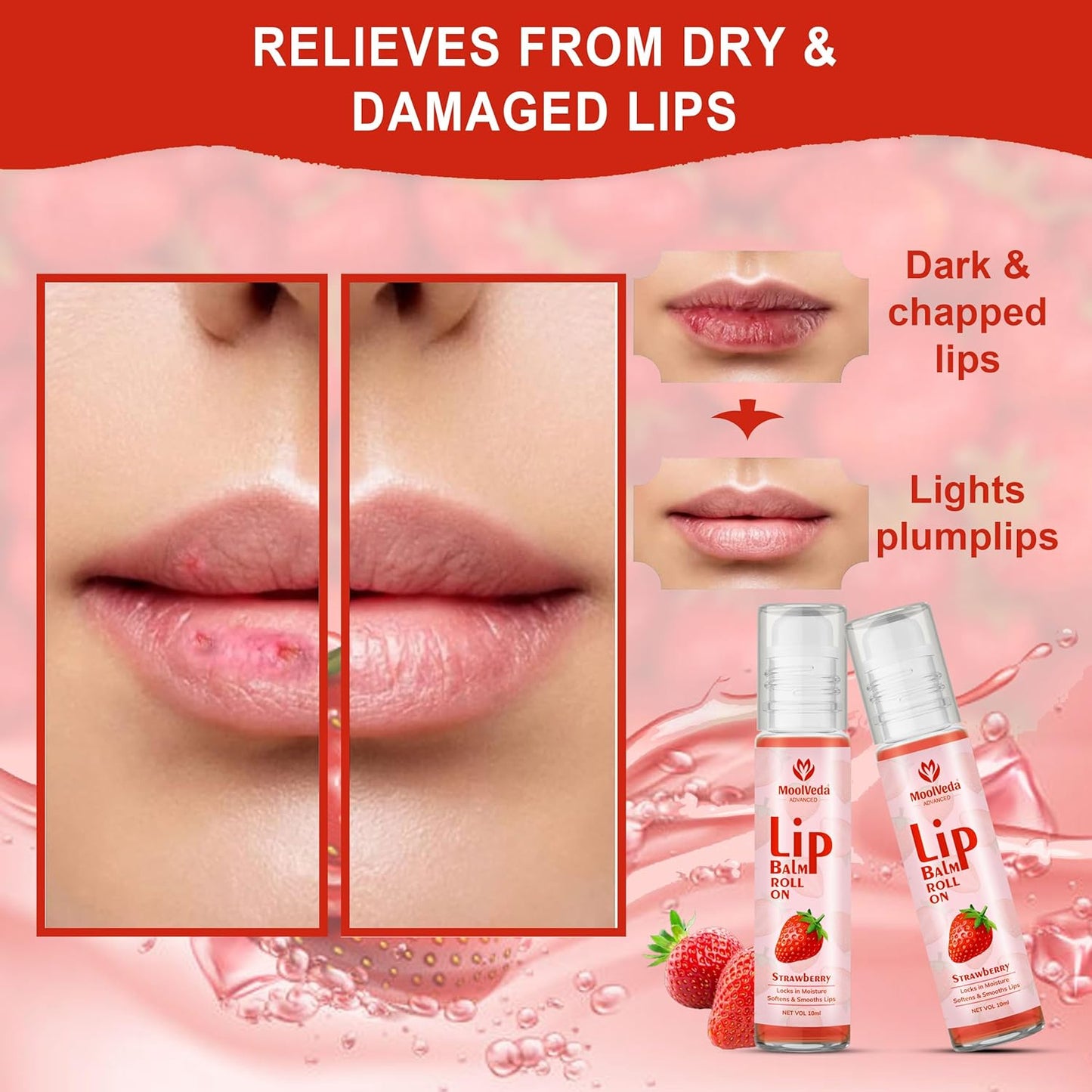 Moolveda 100% edible Strawberry Lip Balm Roll on - 10ml (Pack of 2)