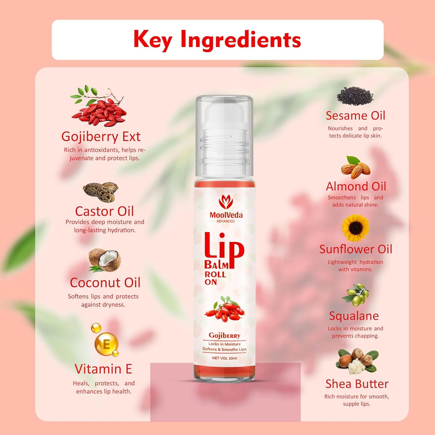 Moolveda Lip Balm Roll on with Gojiberry & 100% edible ingredients & no chemicals, 10ml
