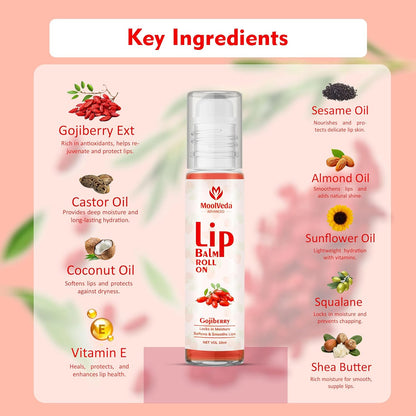 Moolveda Lip Balm Roll on with Gojiberry & 100% edible ingredients & no chemicals, 10ml