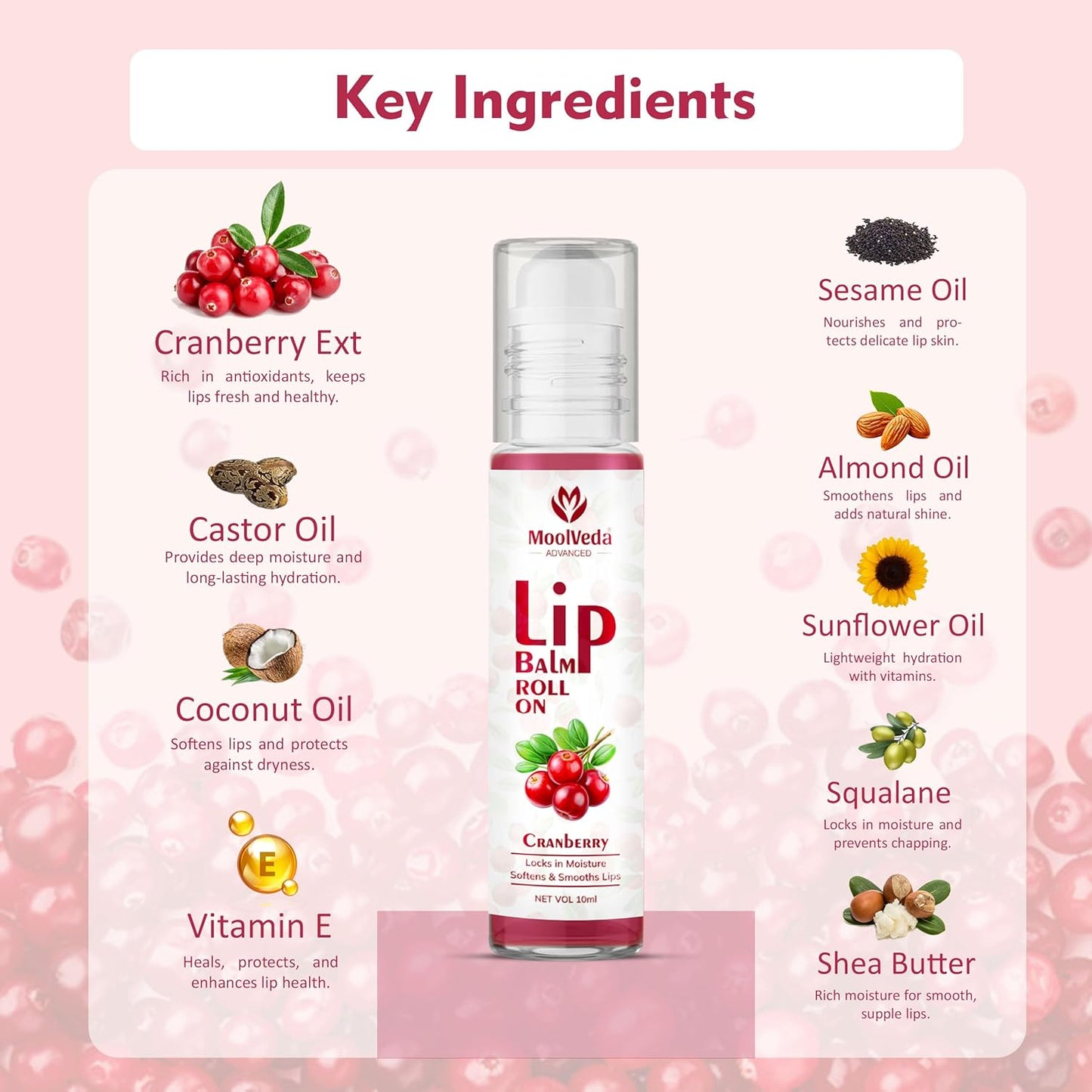 Moolveda Lip Balm Roll on with Cranberry & 100% edible ingredients & no chemicals, 10ml
