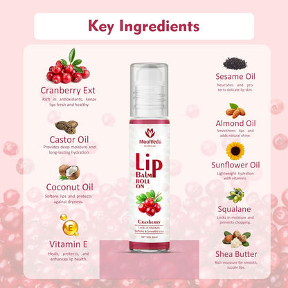 Moolveda Lip Balm Roll on with Cranberry & 100% edible ingredients & no chemicals, 10ml