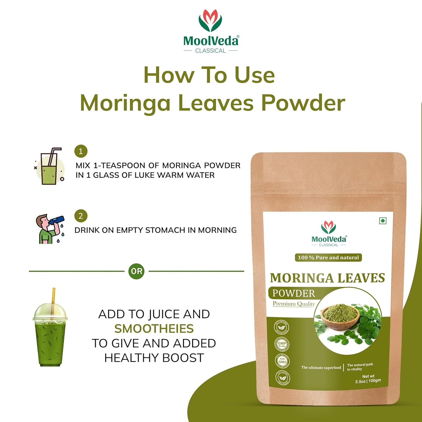 Moolveda Pure Moringa(Moringa oleifera) Leaves Powder, 100gm