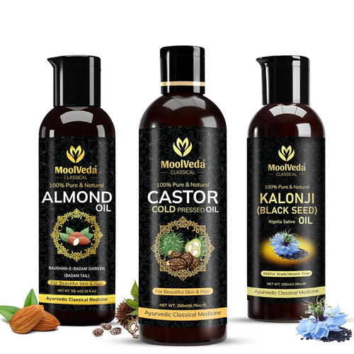 Moolveda 100% Pure & Natural Ayurvedic Oils, Almond Oil 100ml, Castor Cold Pressed Oil 200ml, Kalonji (Black Seed) Oil 100ml