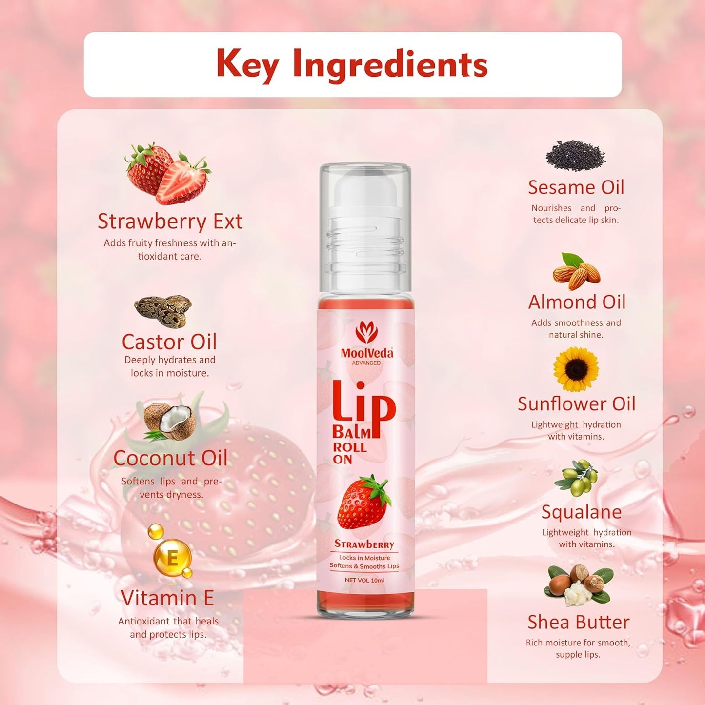 Moolveda 100% edible Strawberry Lip Balm Roll on - 10ml (Pack of 2)