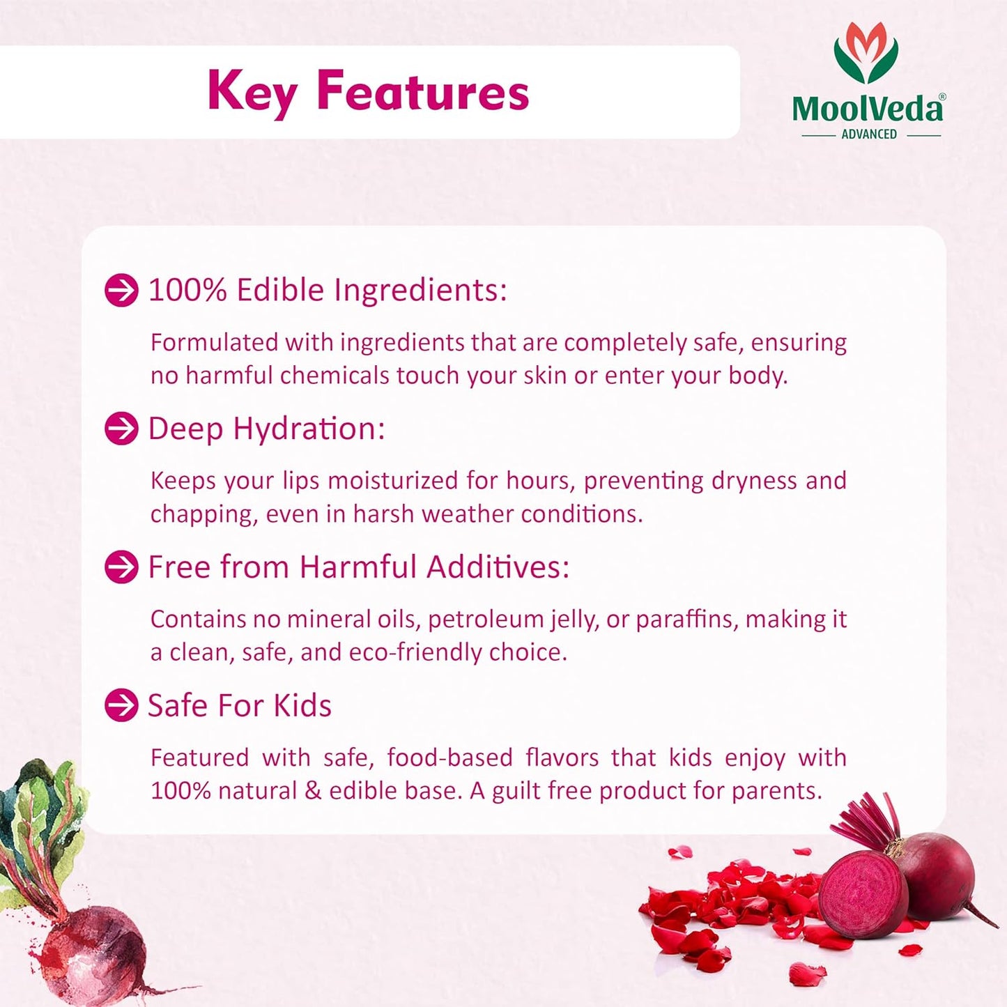 Moolveda Lip Balm Roll on with beetroot rose & 100% edible ingredients & no chemicals, Pack of 2, 10ml