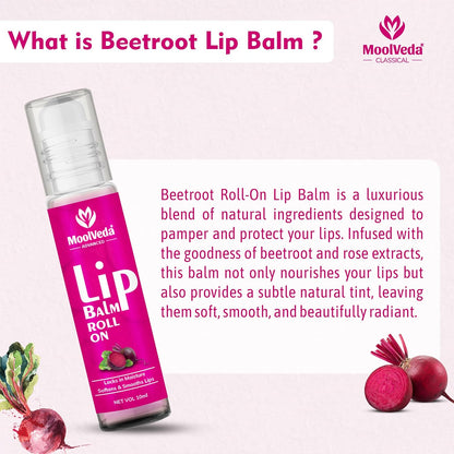 Moolveda Lip Balm Roll on with beetroot rose & 100% edible ingredients & no chemicals, Pack of 2, 10ml