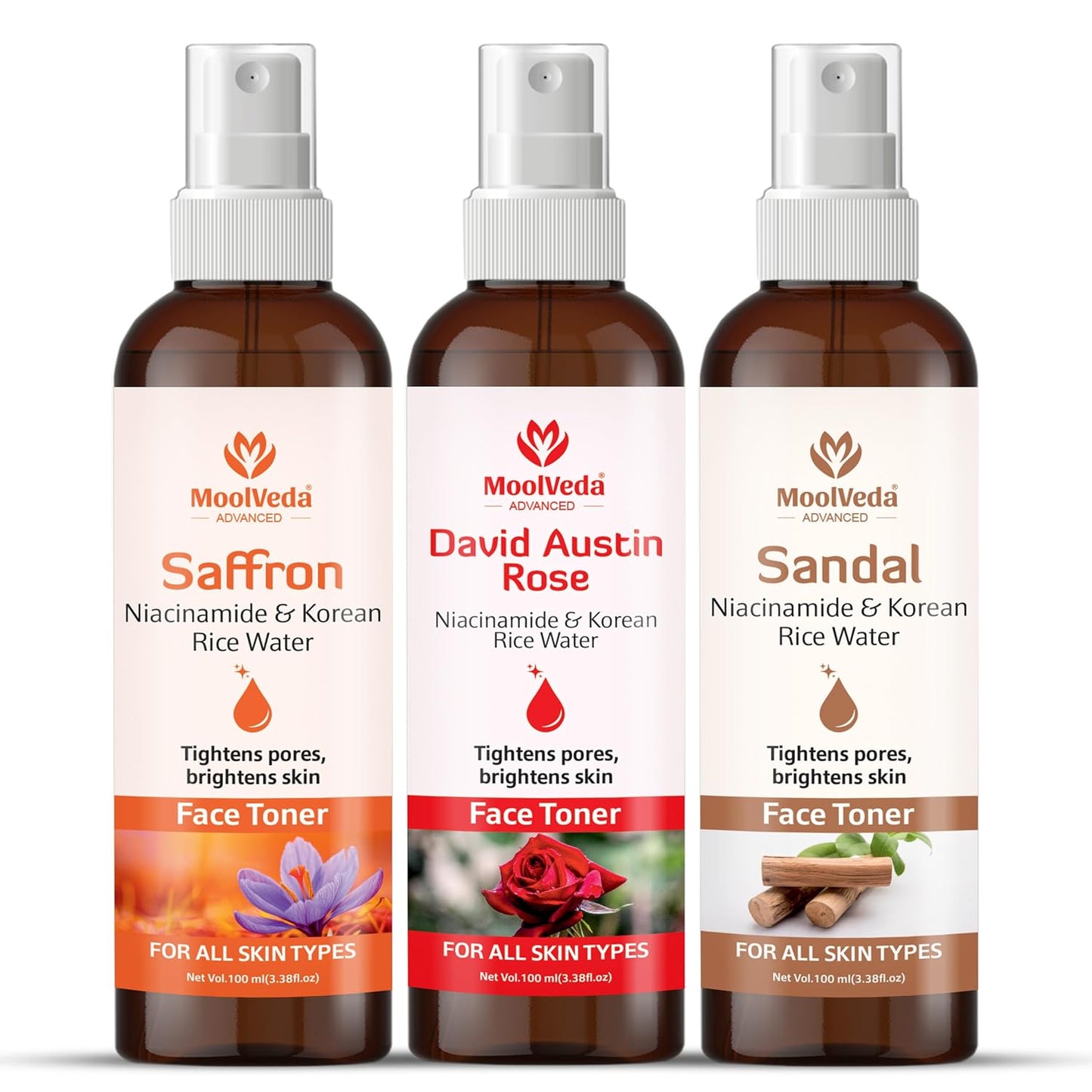 Moolveda Sandal, Saffron, Devid Austin Rose Pack Of 3 Face Toner Combo – Hydrating & Brightening Facial Toner for Pore Tightening, Oil Control & Even Skin Tone – Alcohol-Free – Each of 100ml