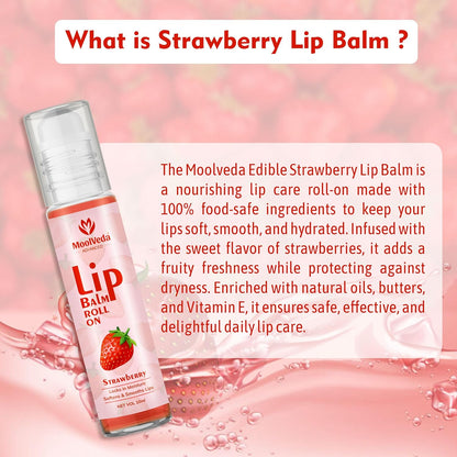 Moolveda Lip Balm Roll on with Strawberry & 100% edible ingredients & no chemicals, 10ml