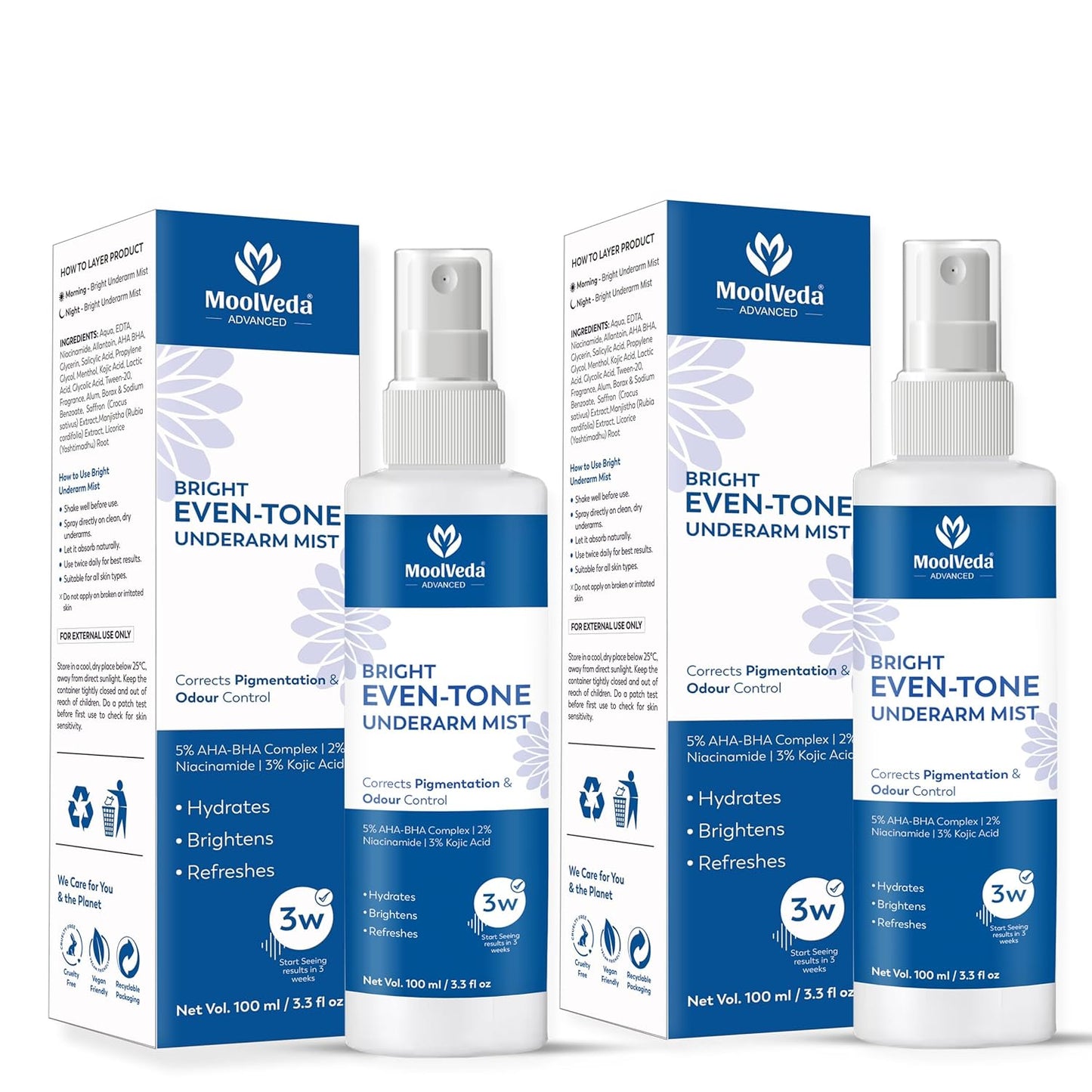Bright Even-Tone Under Arm Mist | Lightweight Brightening Spray for Dark Underarms | Pigmentation Removal & Odour Control | Natural Skin Whitening Mist | 100ml (Pack Of 2)