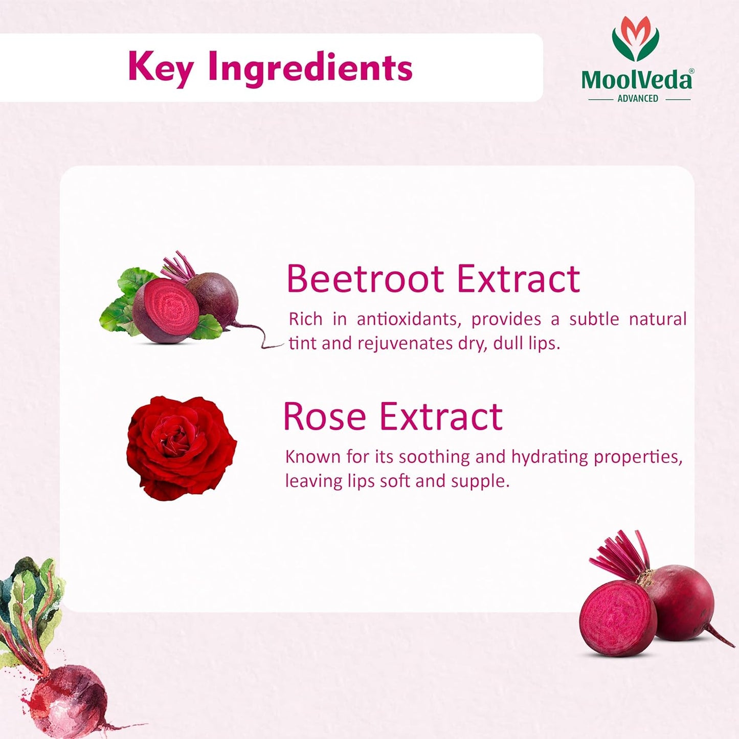 Moolveda Lip Balm Roll on with beetroot rose & 100% edible ingredients & no chemicals, Pack of 2, 10ml