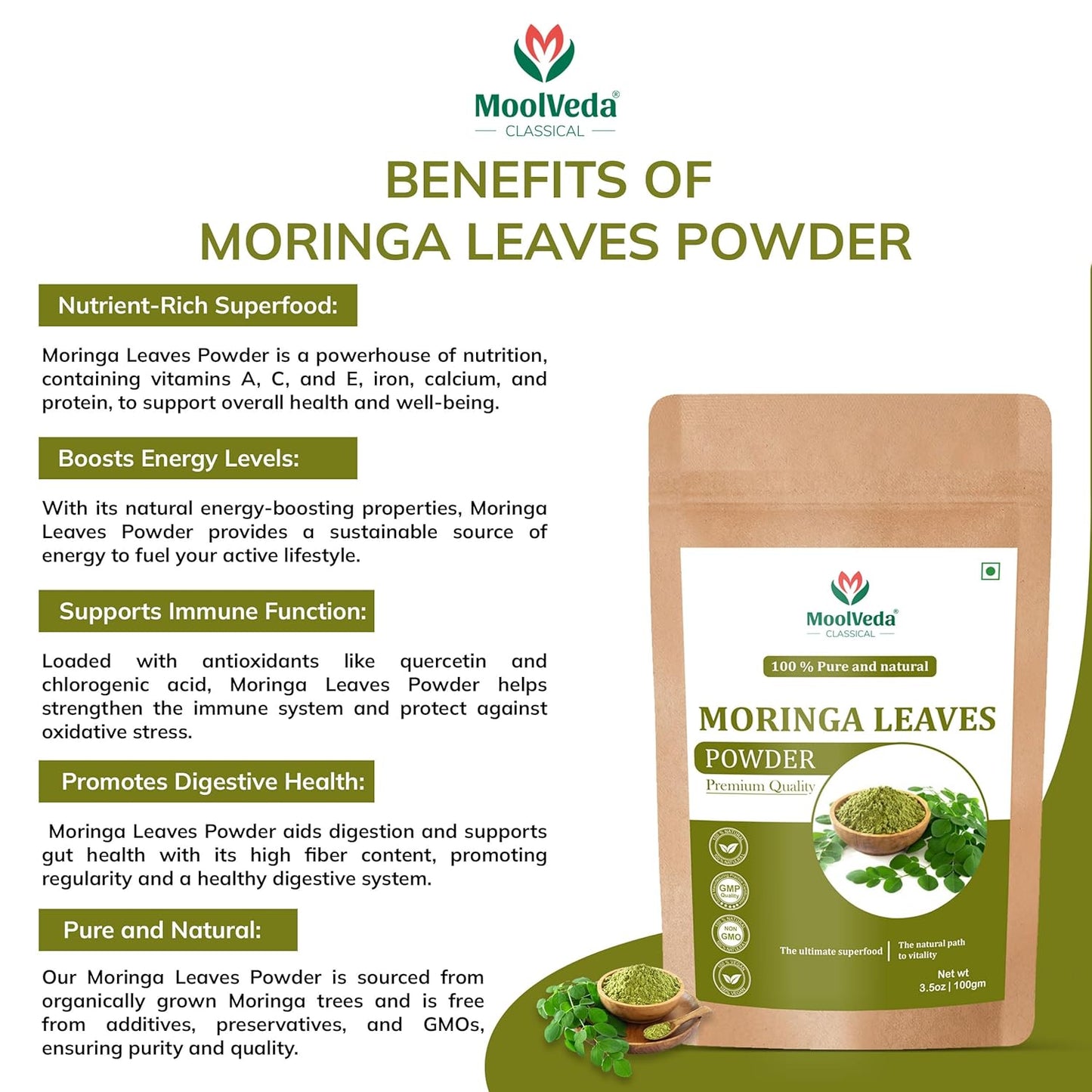 Moolveda Pure Moringa(Moringa oleifera) Leaves Powder, 100gm