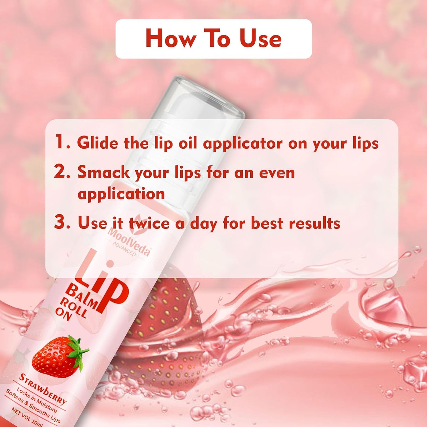 Moolveda 100% edible Strawberry Lip Balm Roll on - 10ml (Pack of 2)