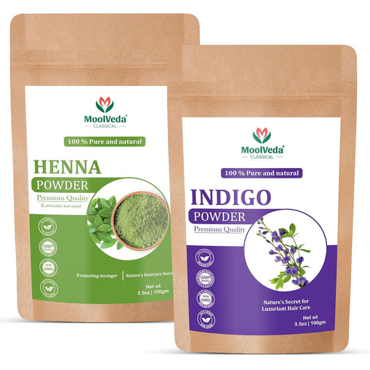 Moolveda 100% Pure and Natural Indigo Powder and Herbal Henna Powder Combo (100gm Each) for Hair Colour