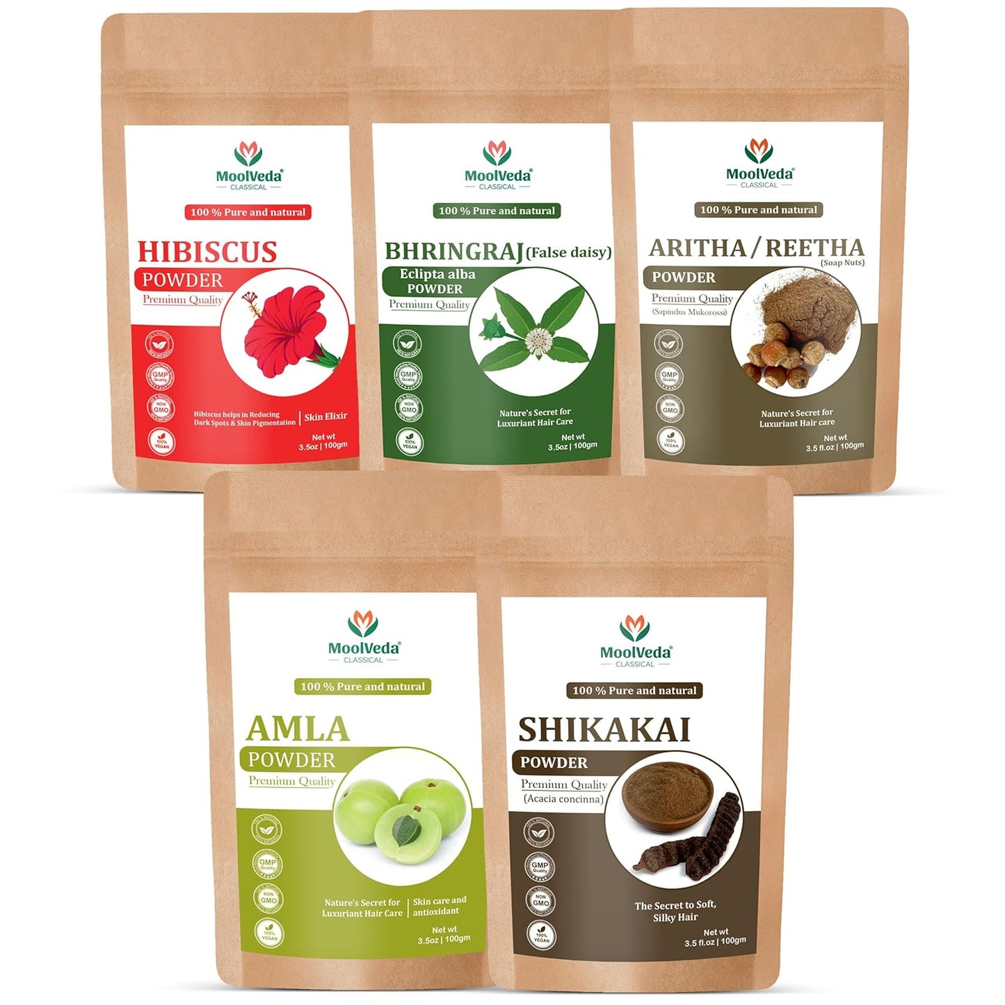 MoolVeda Amla, Reetha, Shikakai, Bhringraj and Hibiscus Powder Combo for Hair Care, Herbal Hair Mask, 100 g Each (Pack of 5)