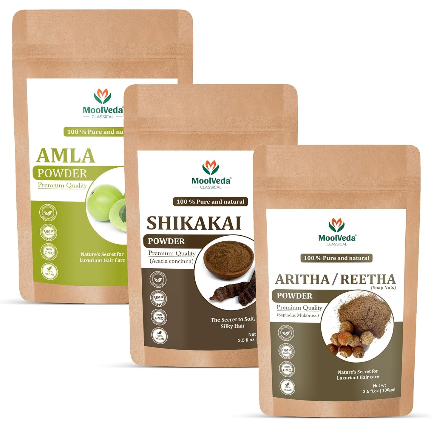 MoolVeda 100% Pure & Natural Amla, Aritha & Shikakai Hair Pack Powder for Hair Care, Helps Reduce Hair Fall, for Men & Women, Pack of 3 (100 g Each)