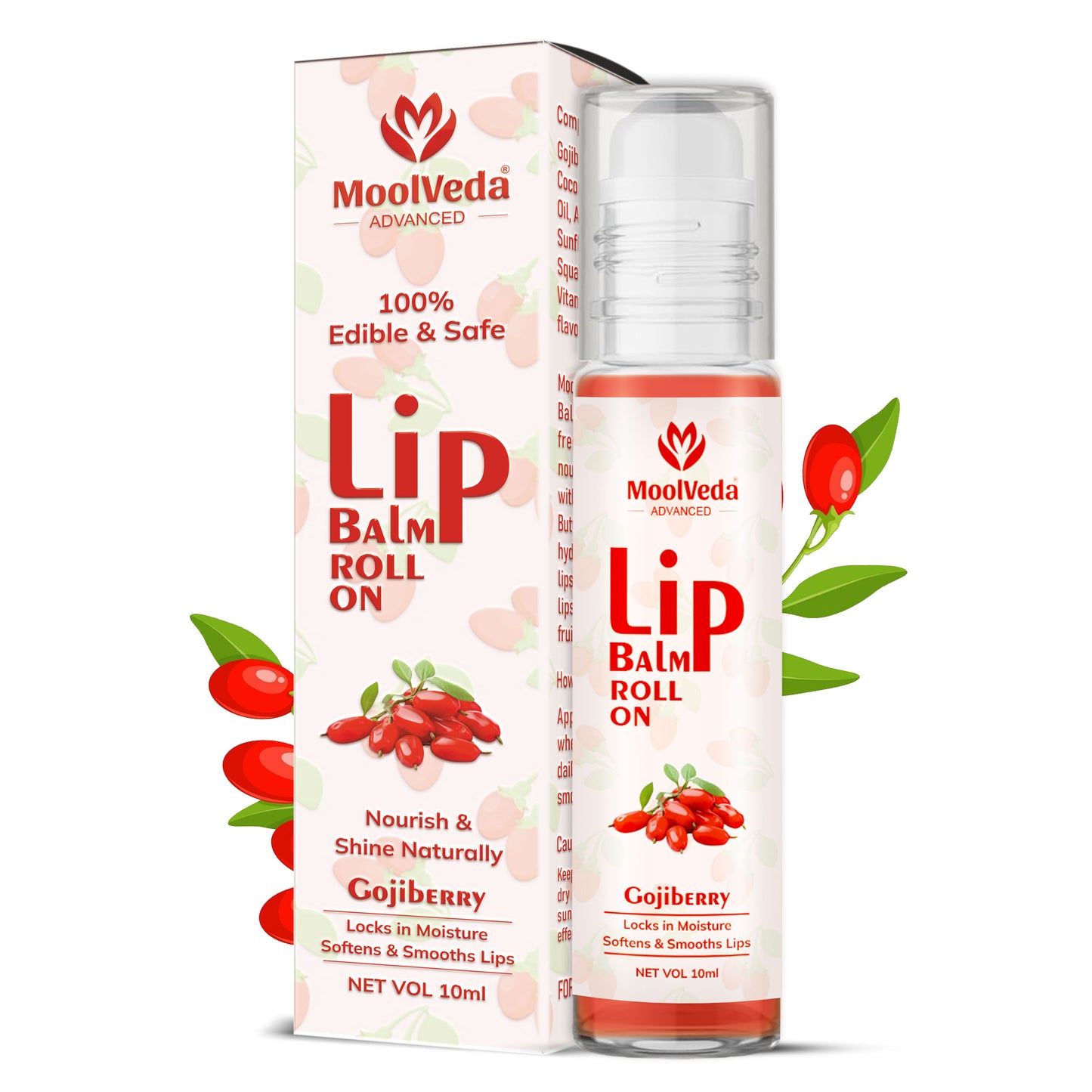 Moolveda Lip Balm Roll on with Gojiberry & 100% edible ingredients & no chemicals, 10ml